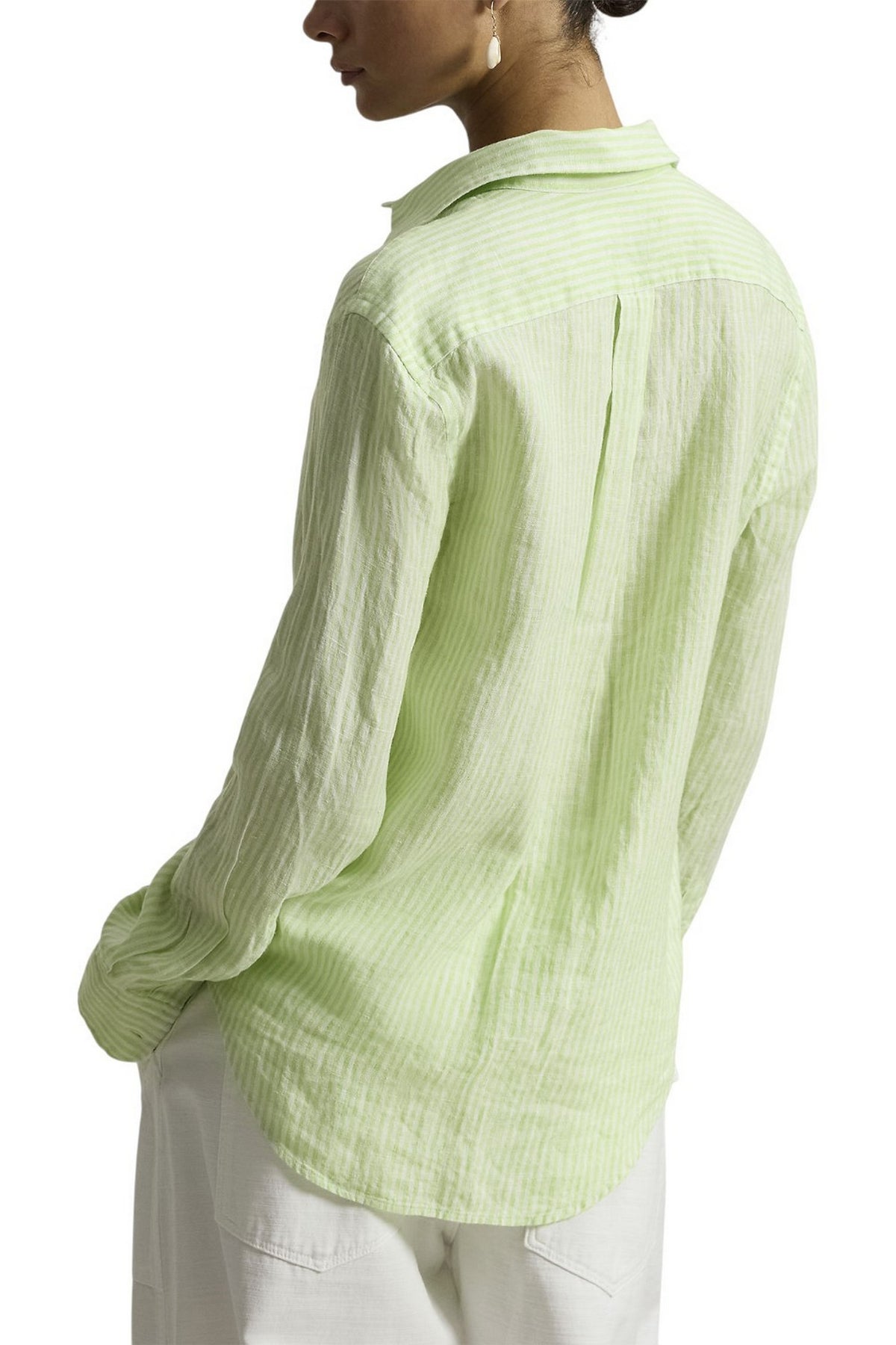 camicia donna in lino over a righe lime e bianco