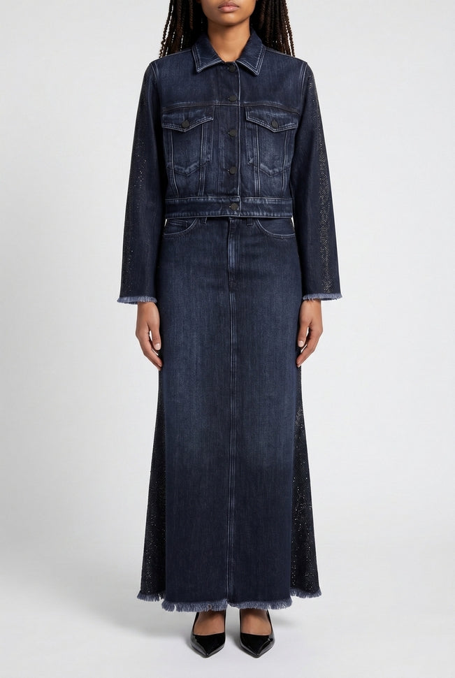 gonna in denim con bande strass