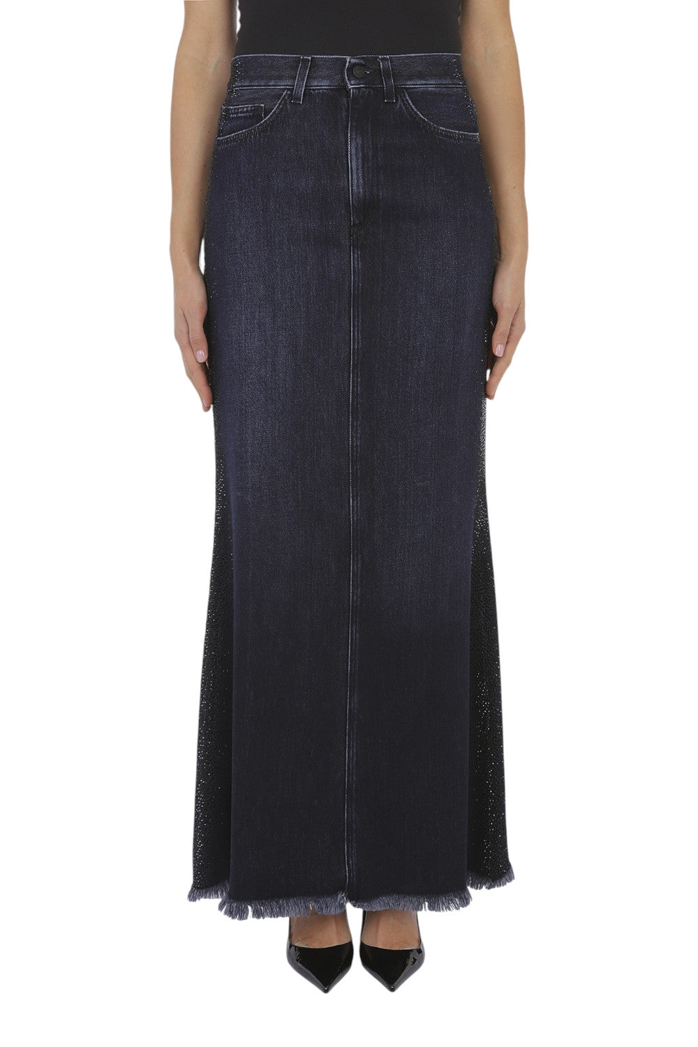gonna in denim con bande strass