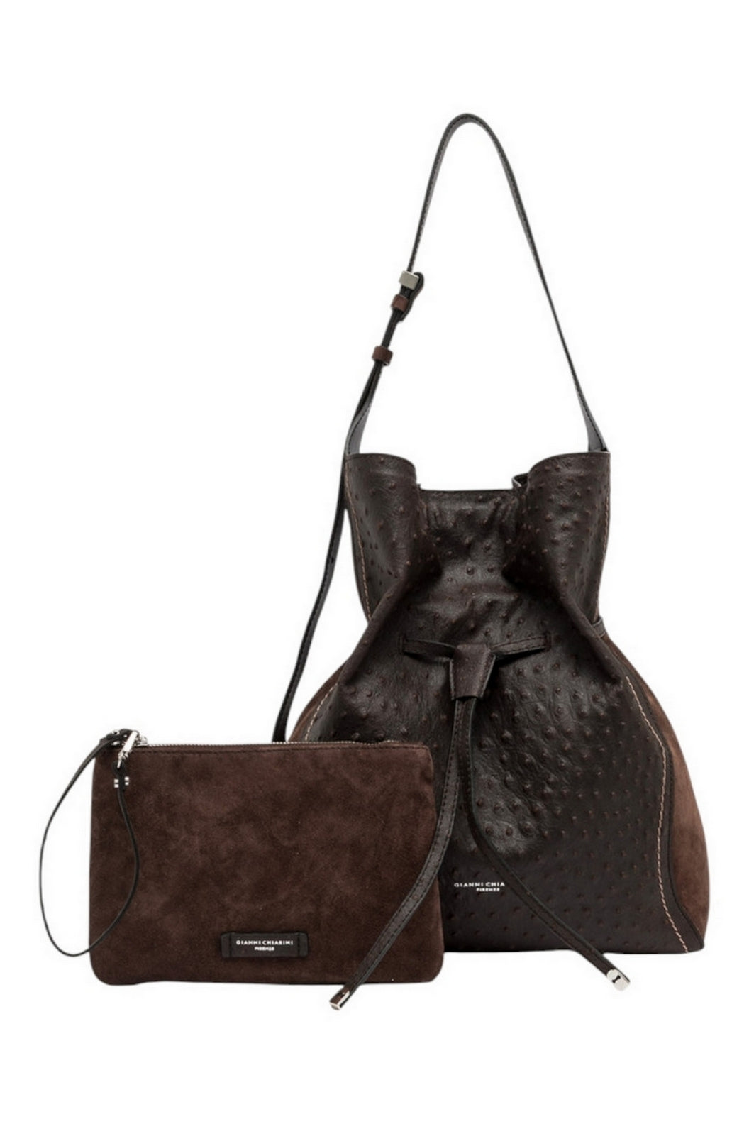 borsa sienna in struzzo e camoscio