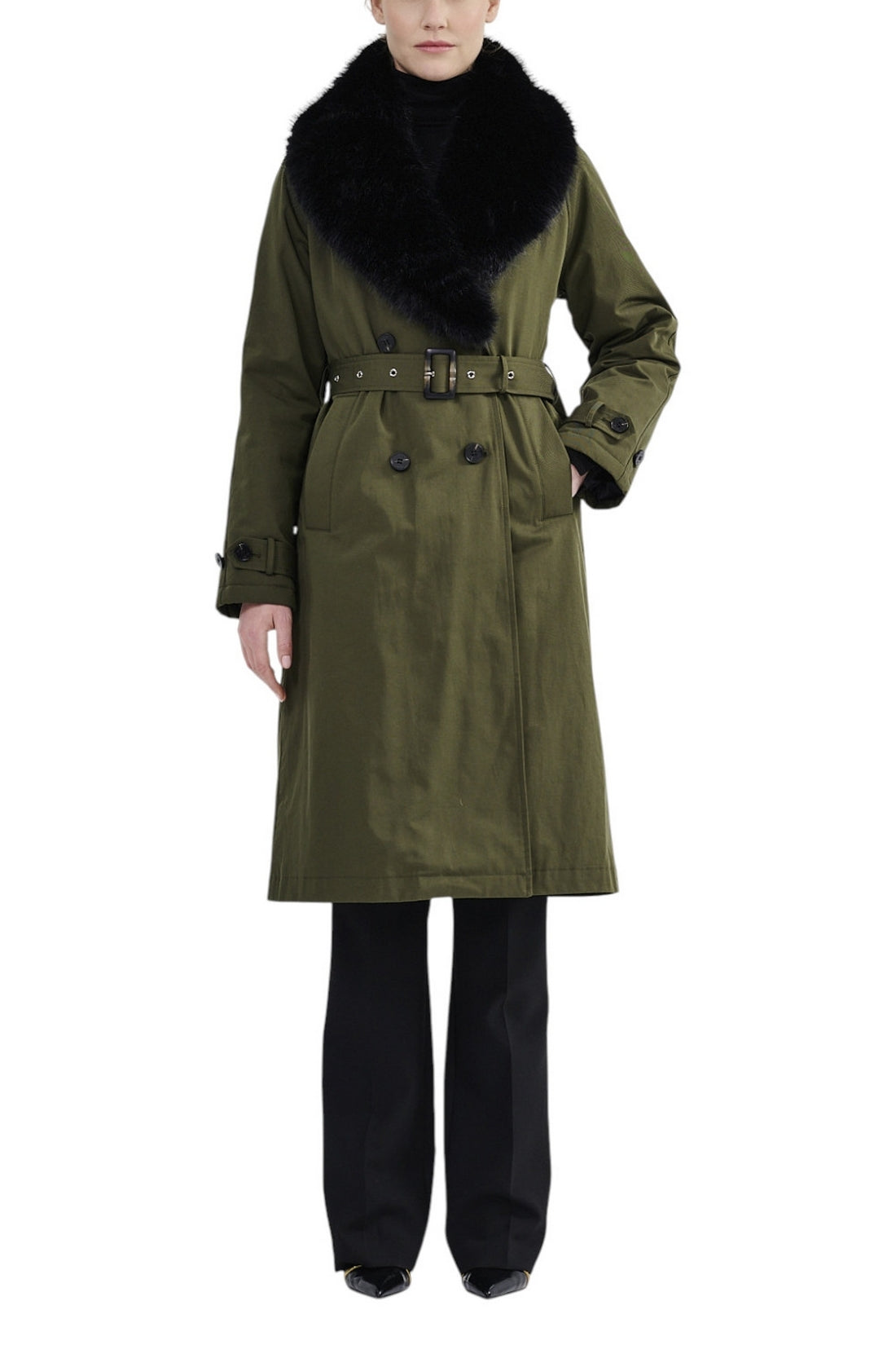 trench con collo in eco-pelliccia