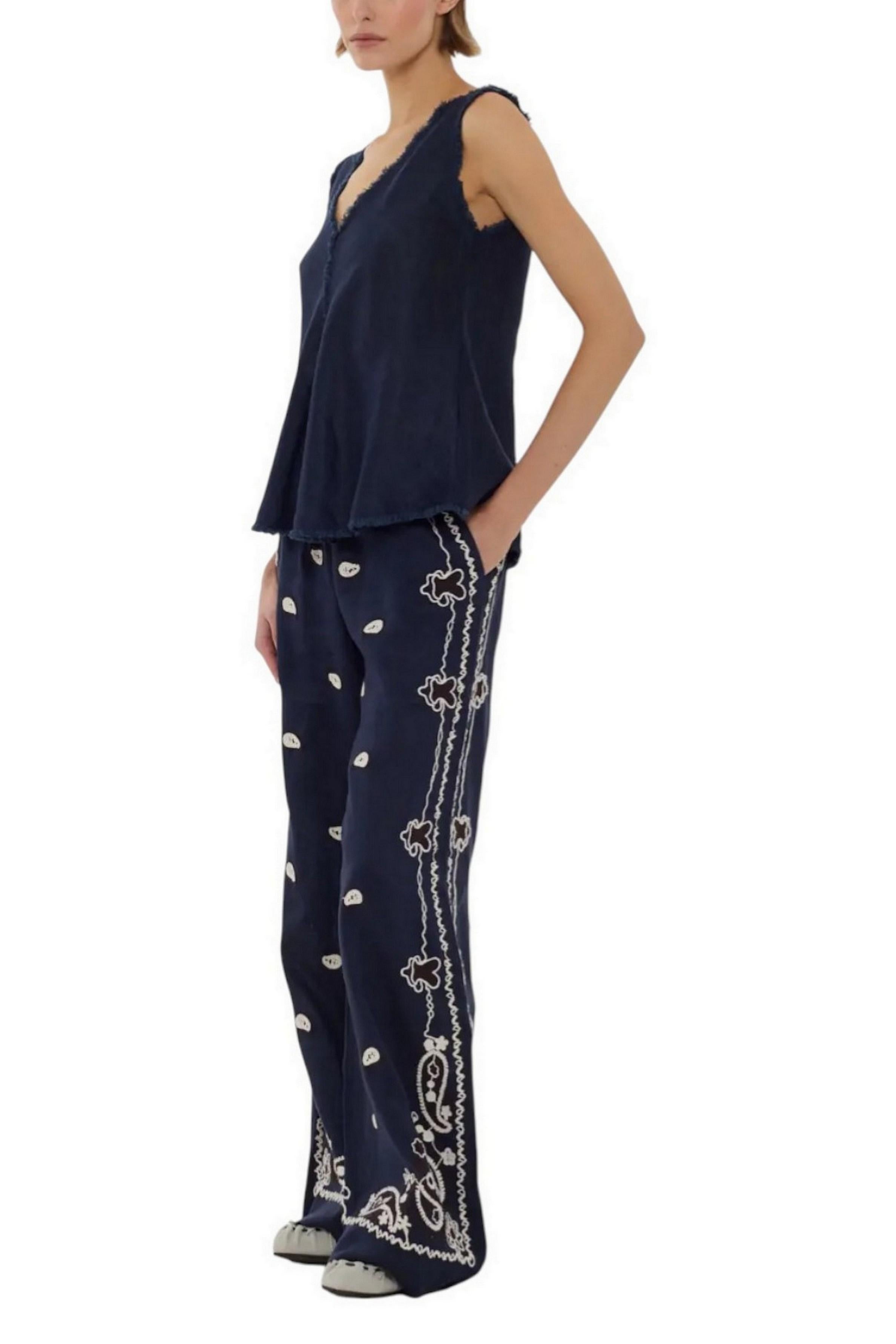 pantalone donna in lino ricamato blu marrone e bianco