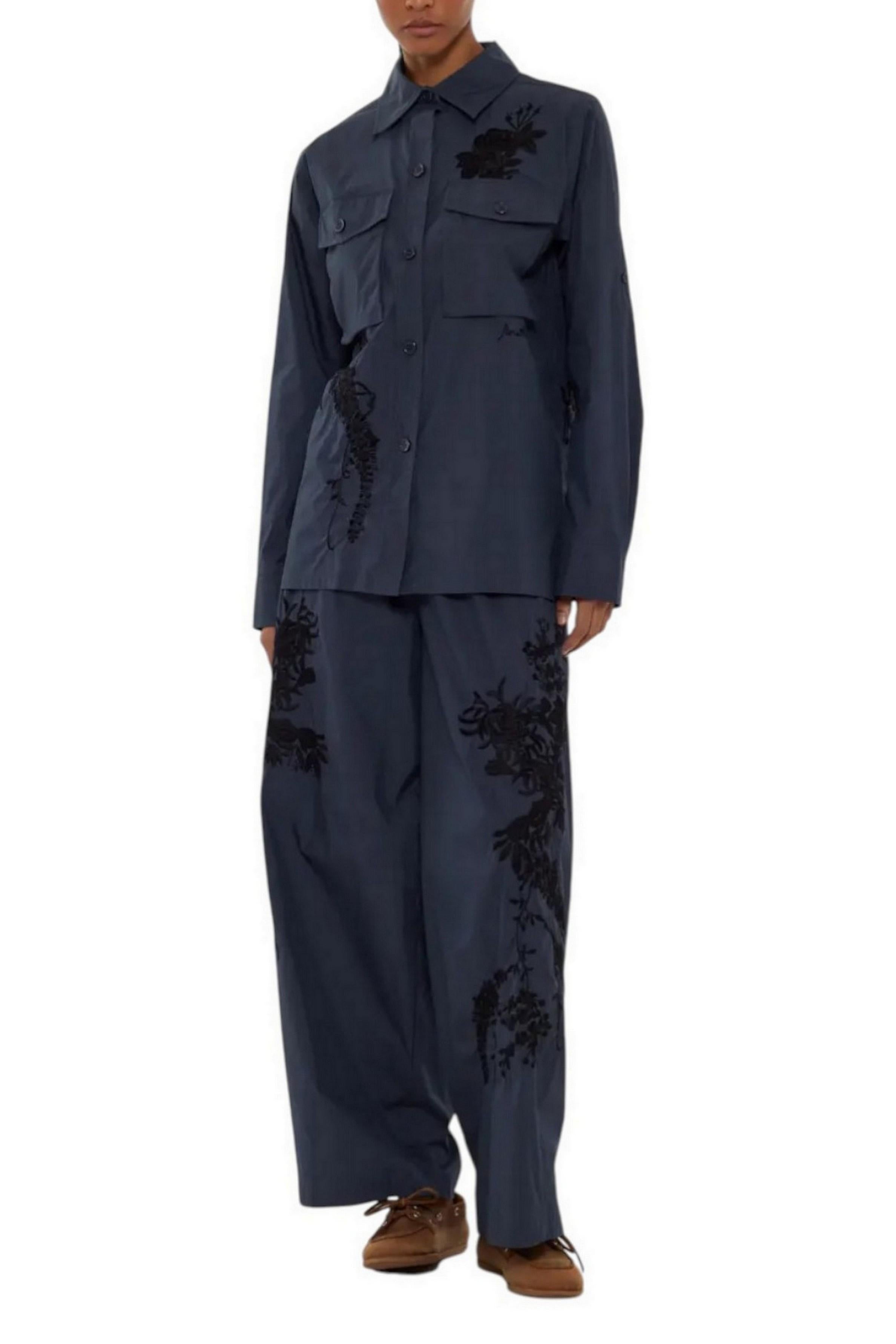 pantalone donna in nylon ricamato blu e nero