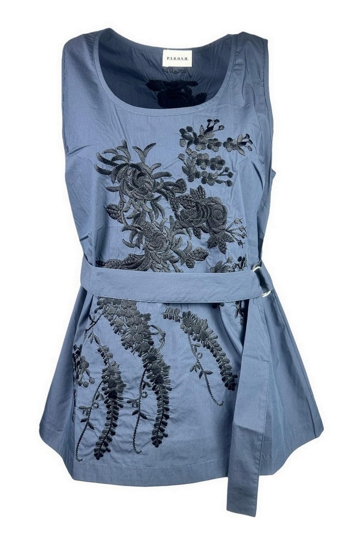 top donna in nylon ricamato blu e nero
