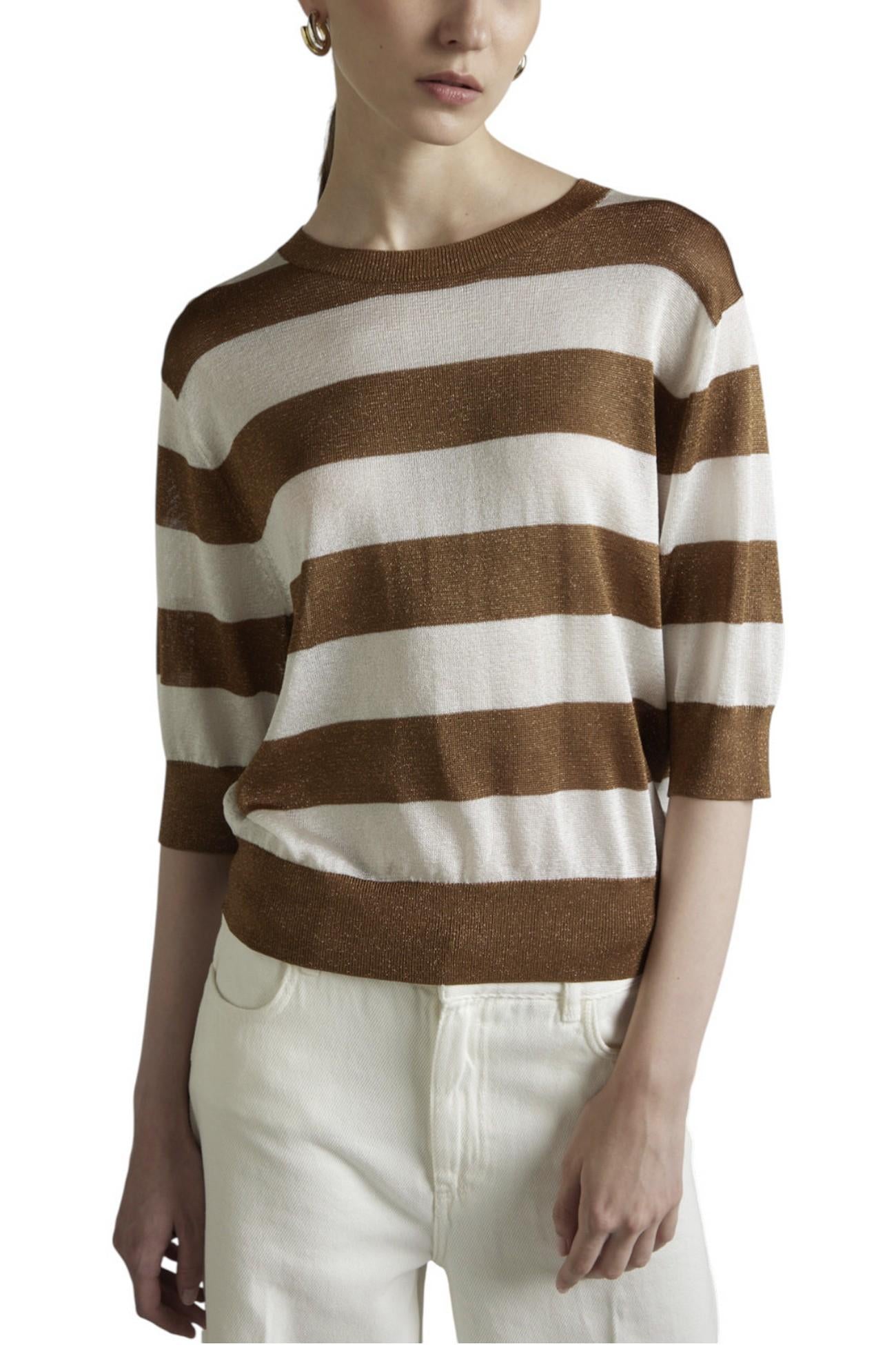 Maglia donna a righe con lurex bianco e tabacco