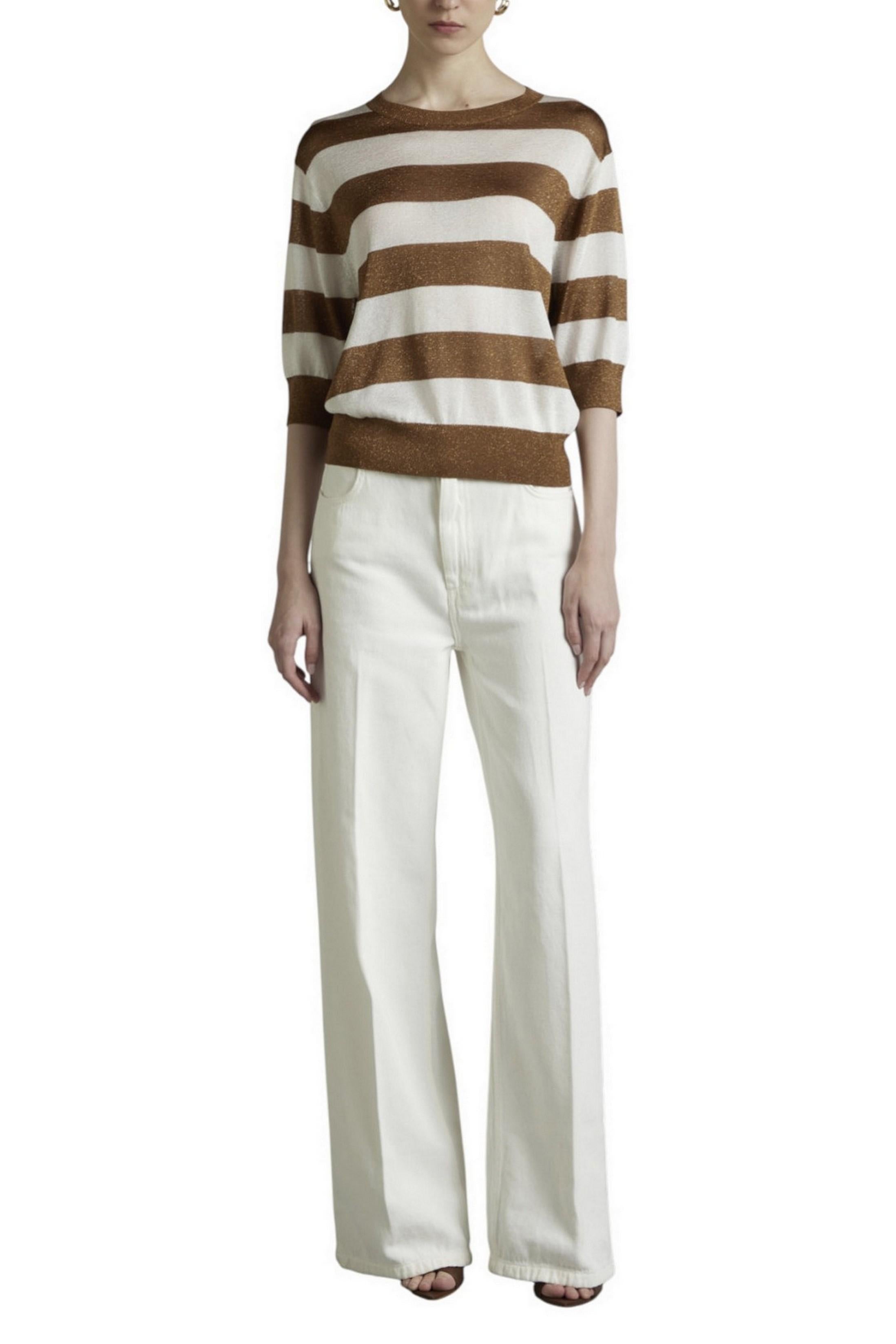 Maglia donna a righe con lurex bianco e tabacco