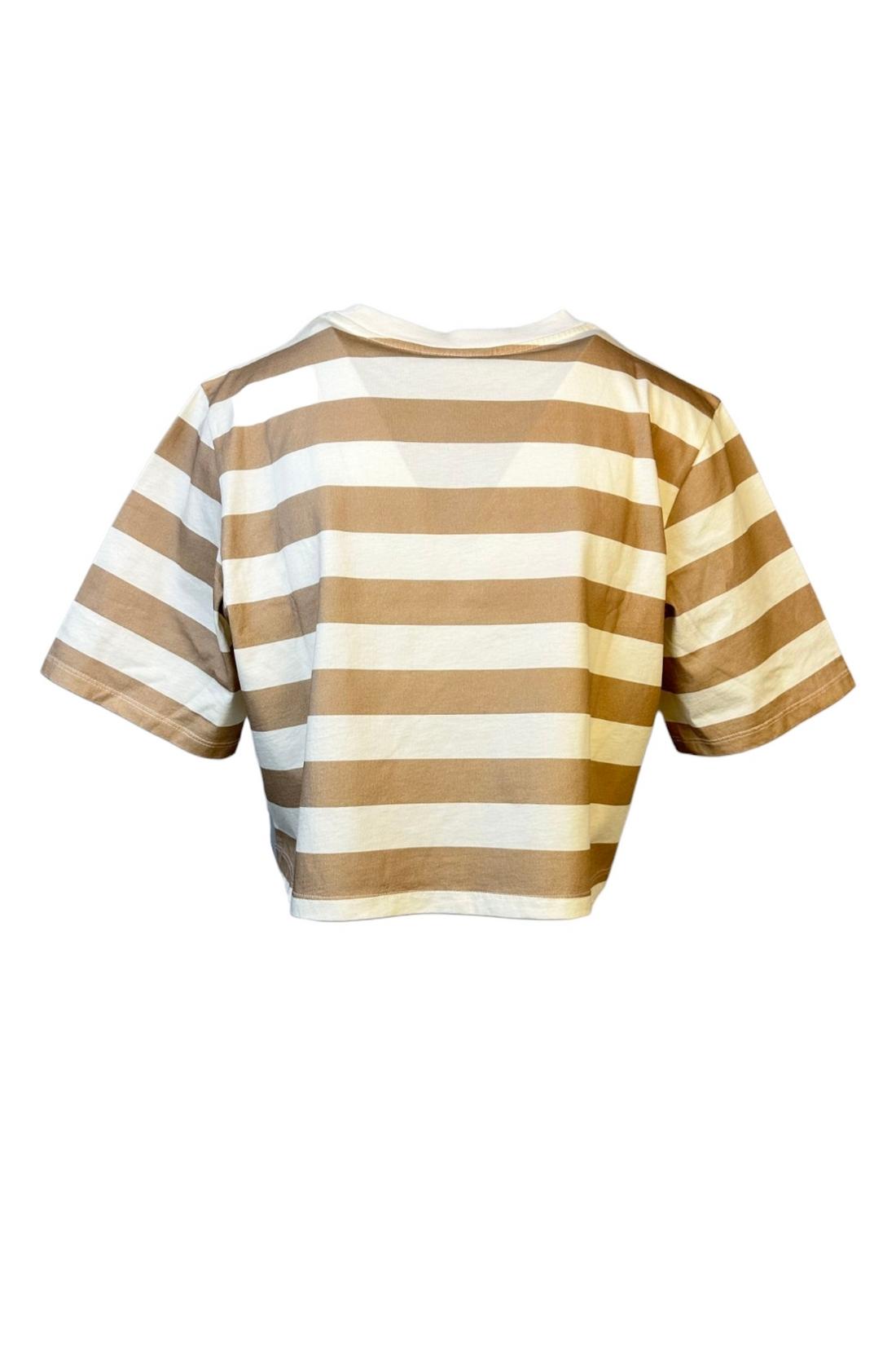 t-shirt donna rigata cropped beige e bianco