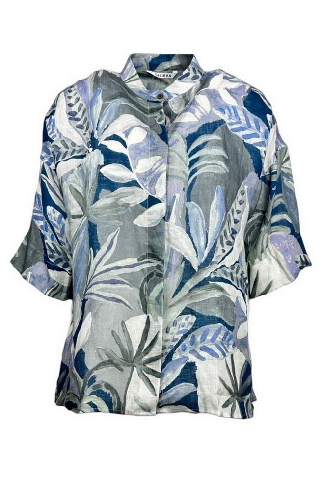 camicia donna fantasia foglie blu e grigio