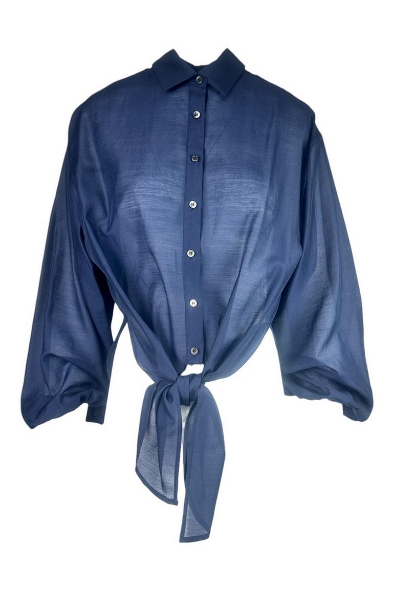 camicia donna in mussola con fiocco blu