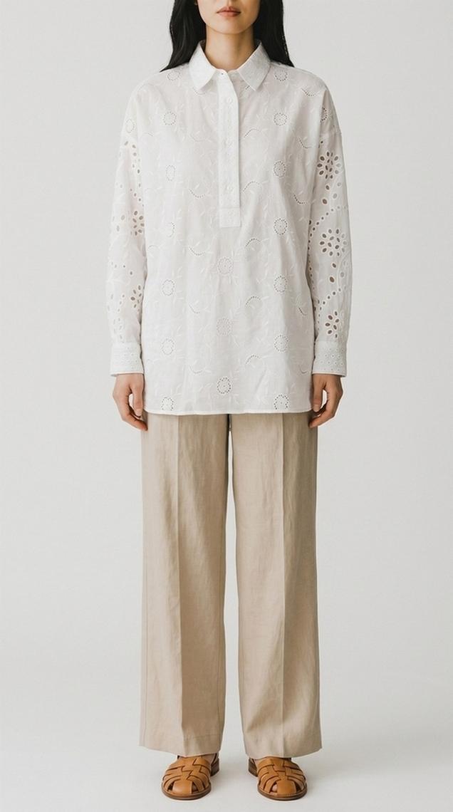 camicia donna over in sangallo patchwork bianco