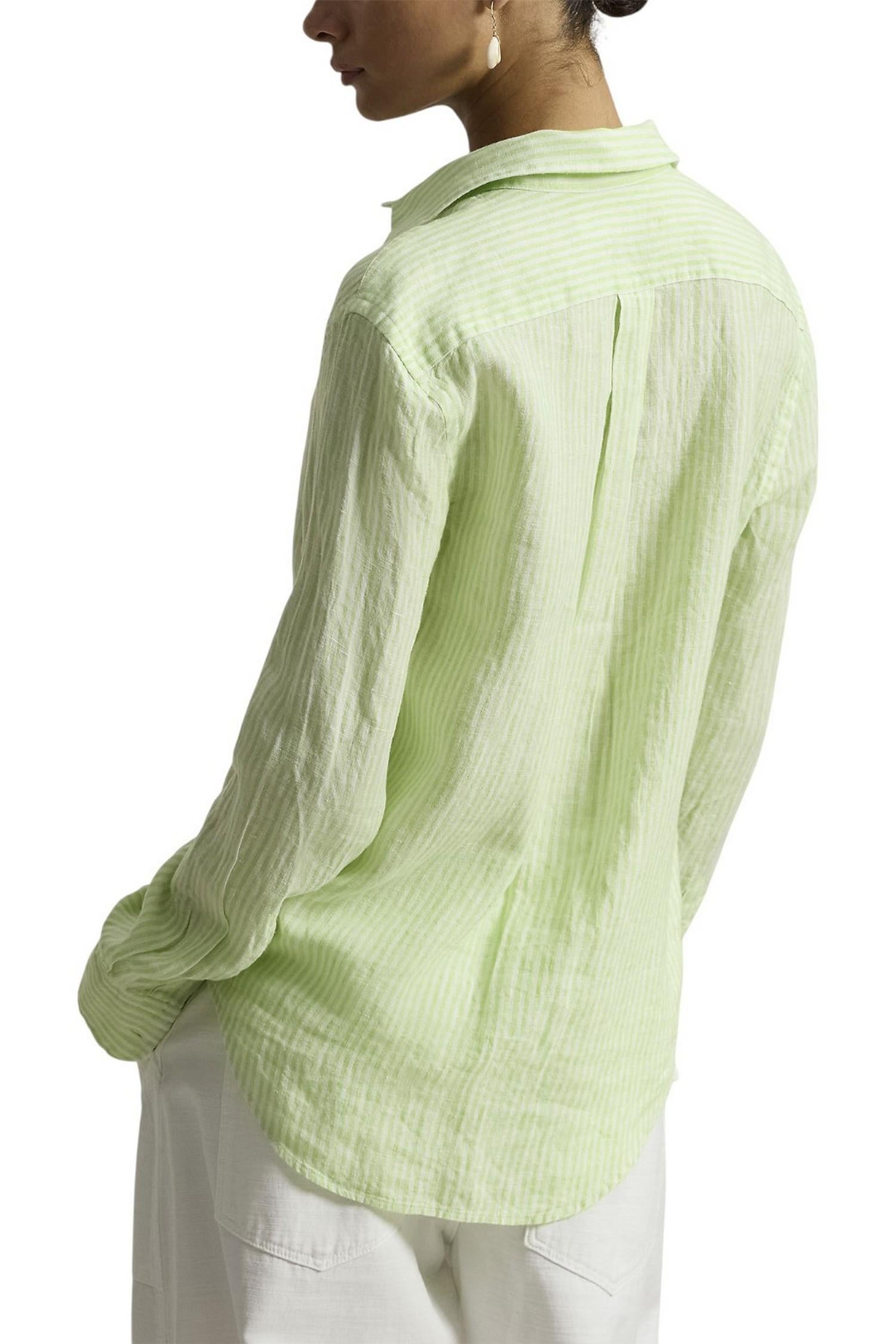 camicia donna in lino over a righe lime e bianco