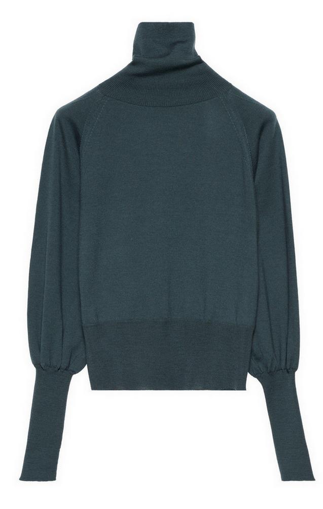 Maglia donna dolcevita con maniche a coste ottanio