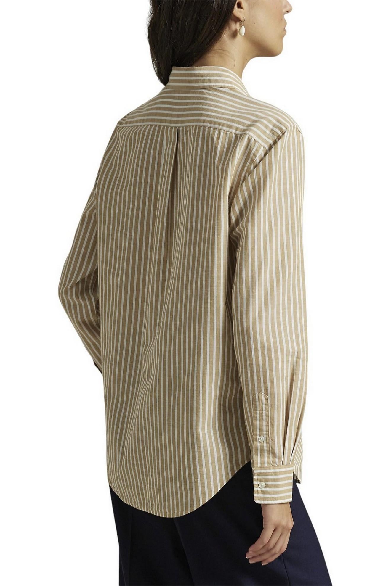 camicia donna in lino e cotone over a righe beige e bianco