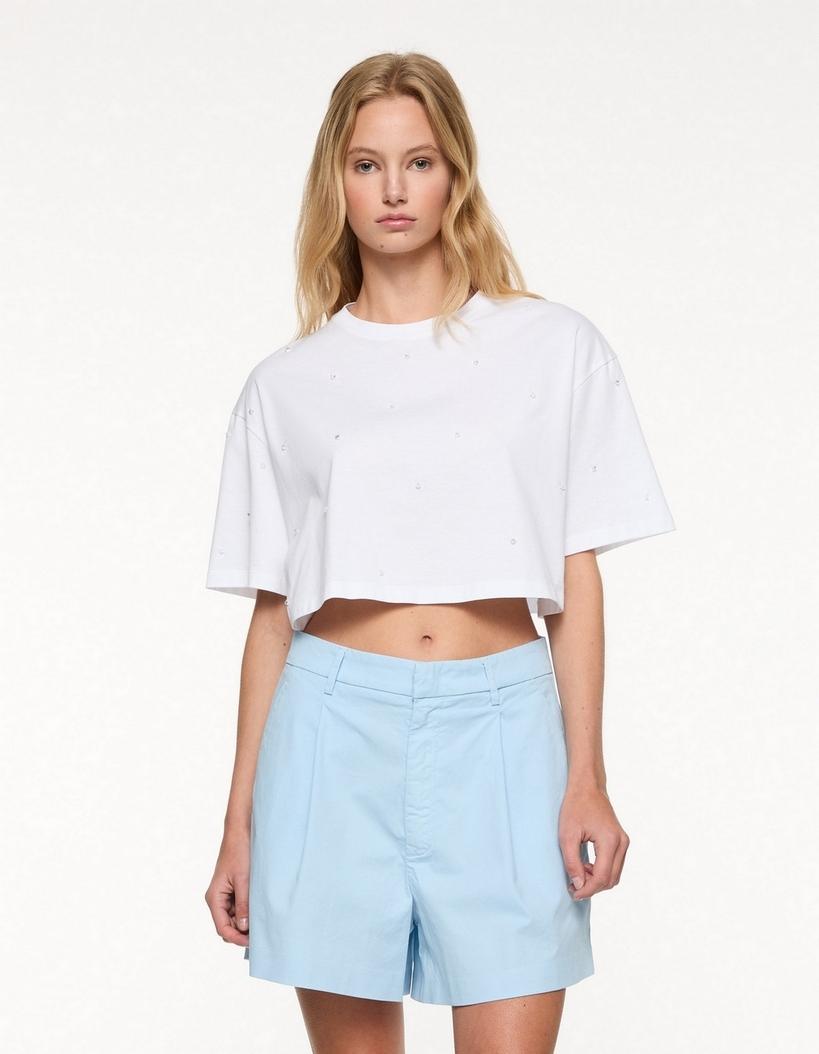 T-shirt cropped donna strass bianca