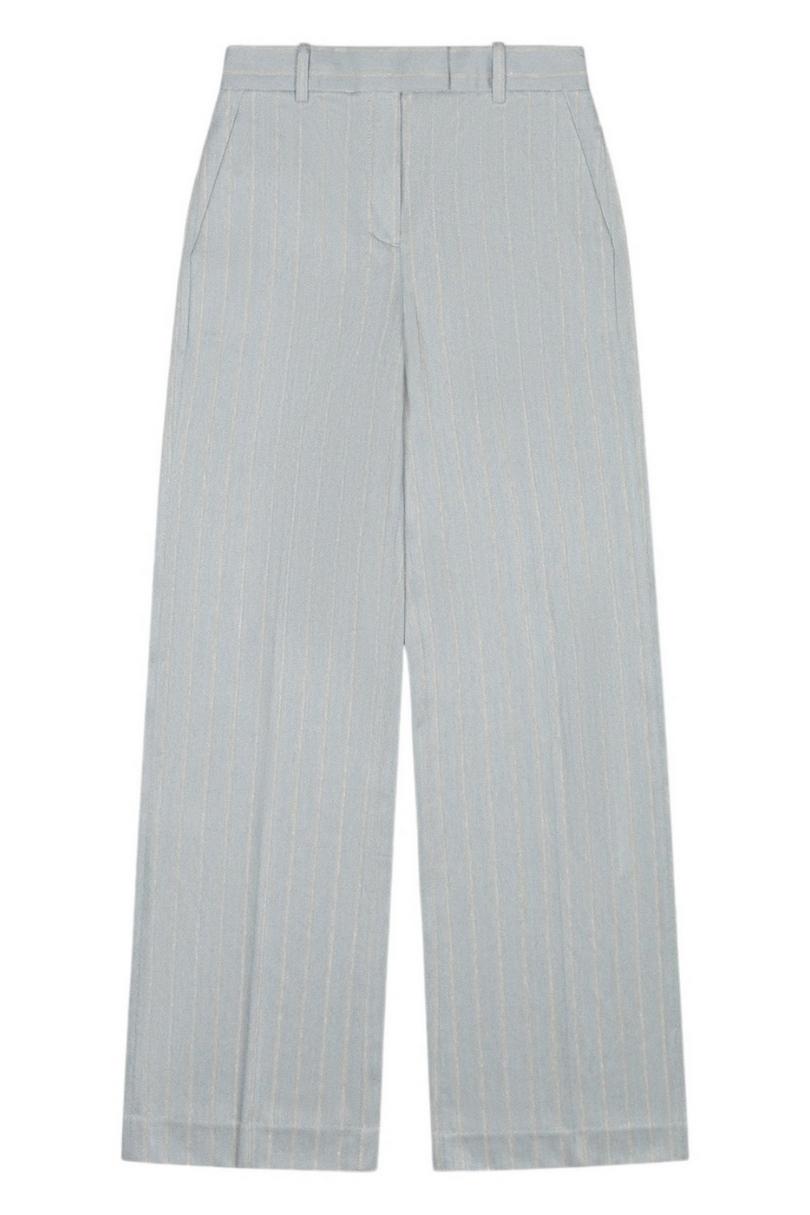 pantalone gessato in lino e cotone azzurro e avorio