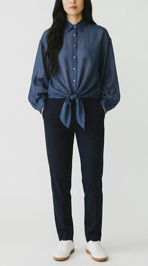 camicia donna in mussola con fiocco blu