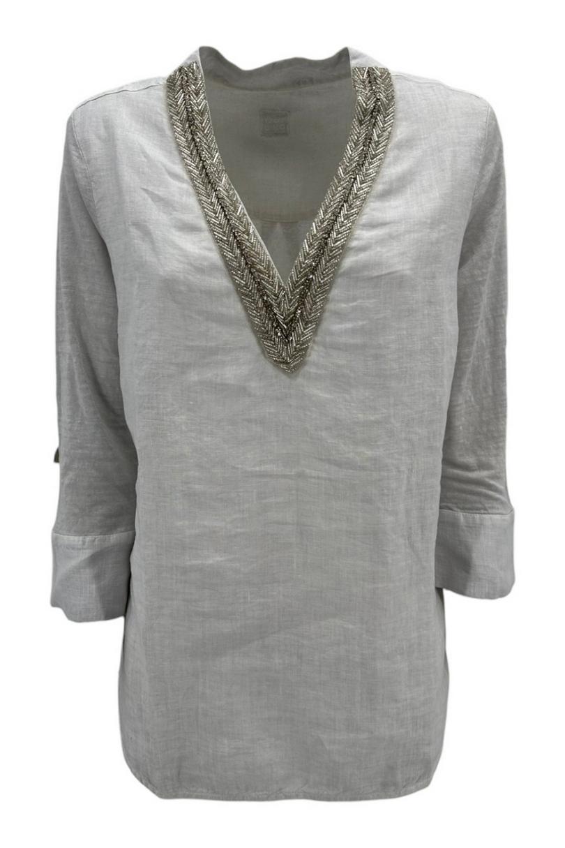 camicia donna in lino perla scollo a v con perline applicate