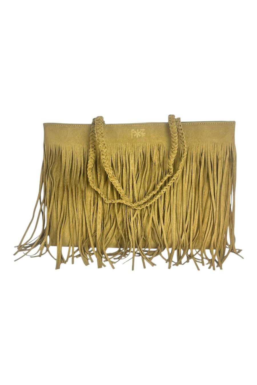 shopping donna in eco-daino con frange cammello