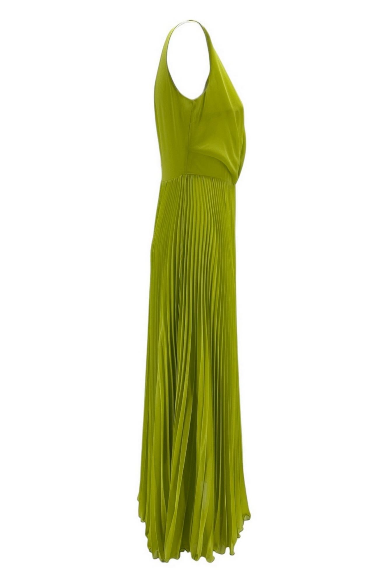 abito donna in chiffon lime con gonna plissettata