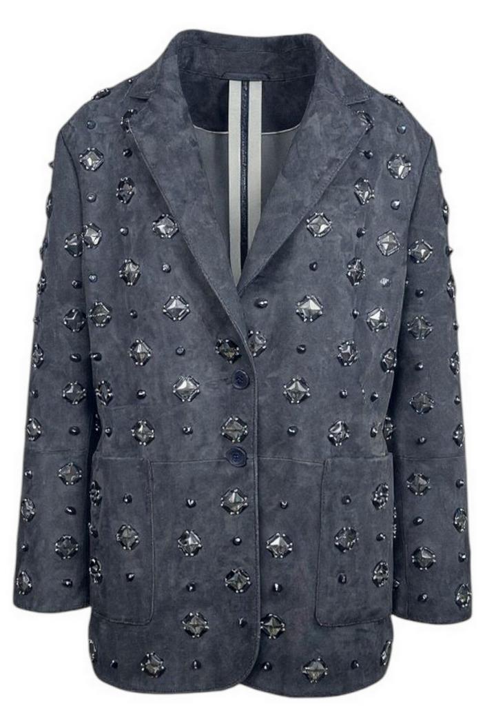 blazer donna in camoscio grigio con applicazioni