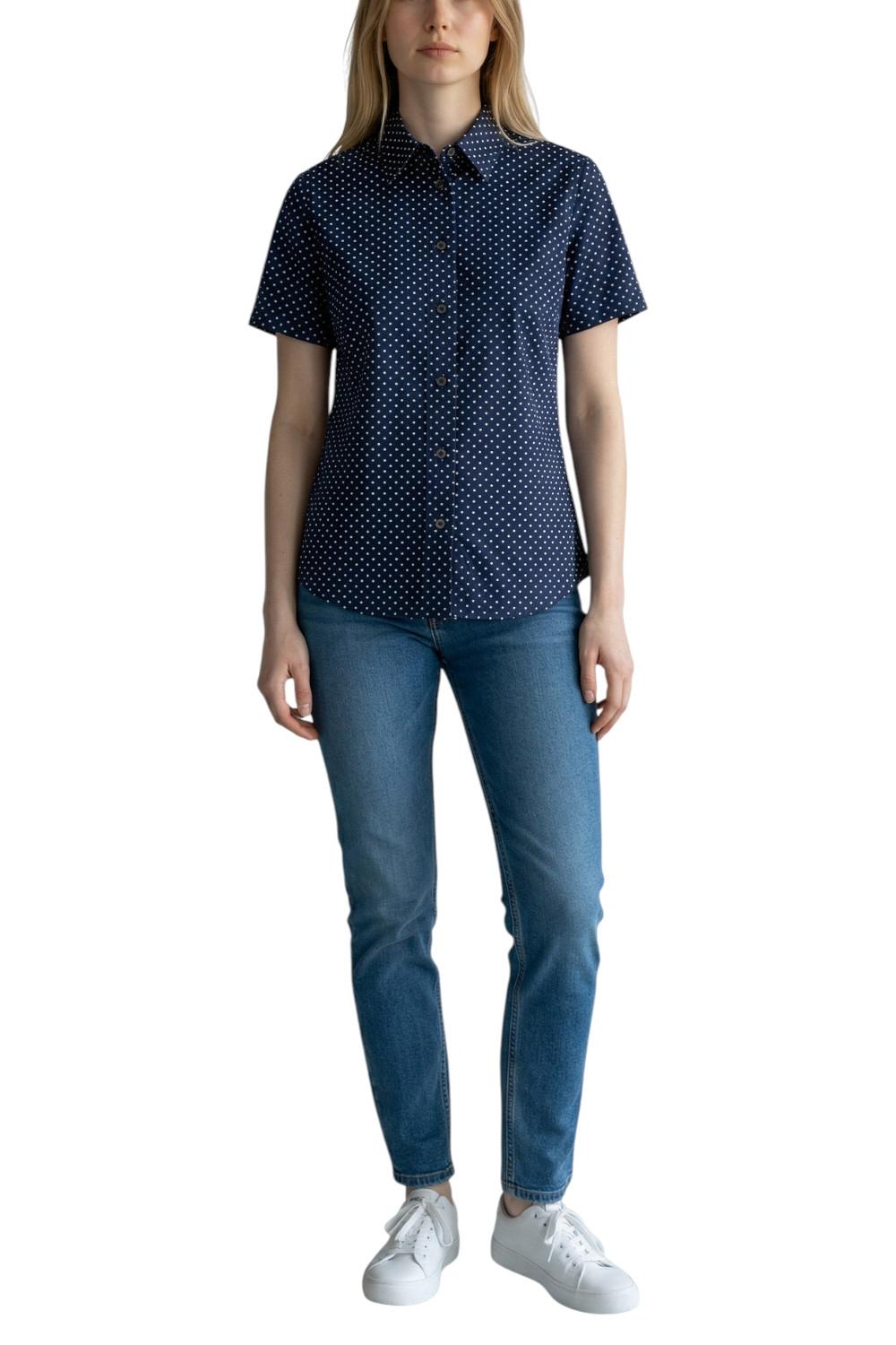 camicia donna manica corta in skinlike a pois blu e bianca