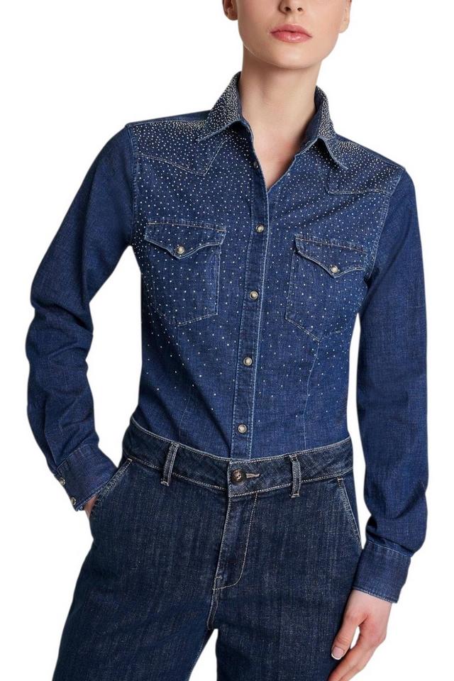 camicia donna in denim con borchie
