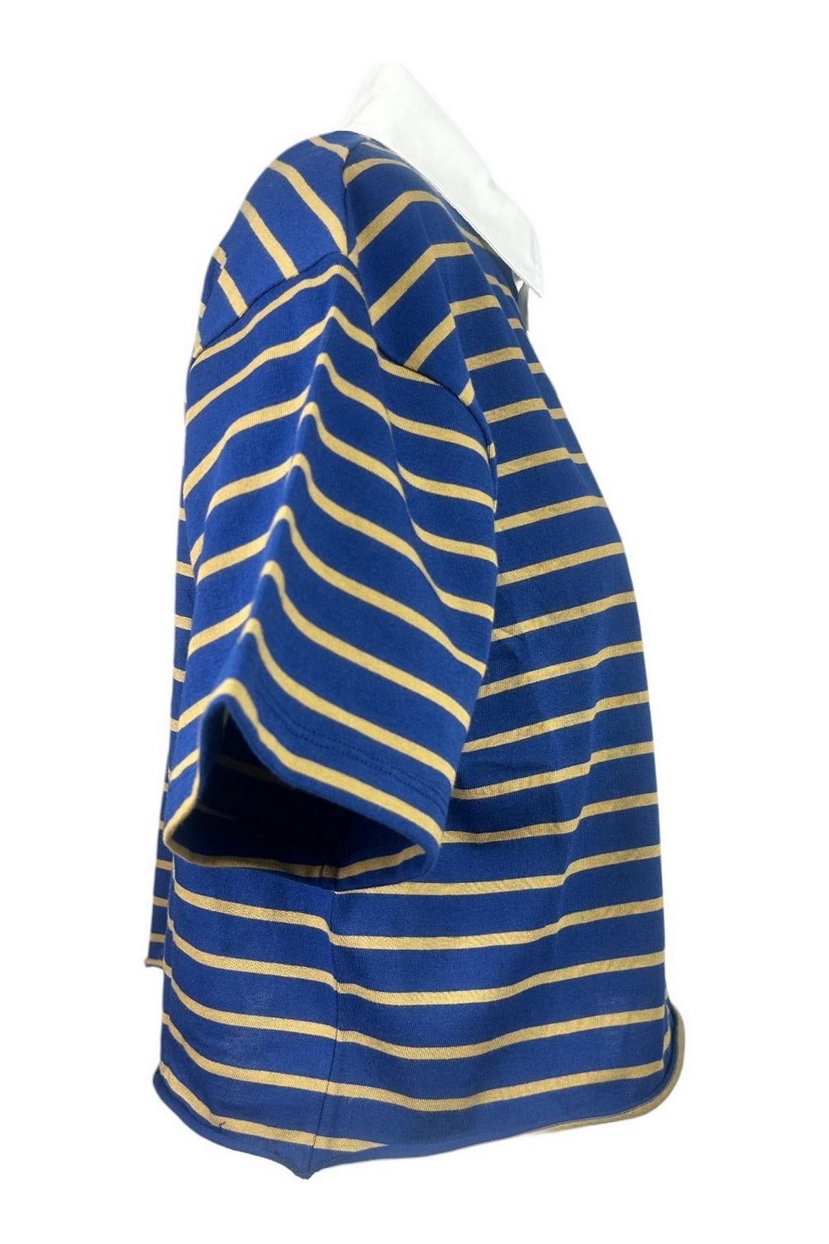 polo donna cropped a righe blu e cammello