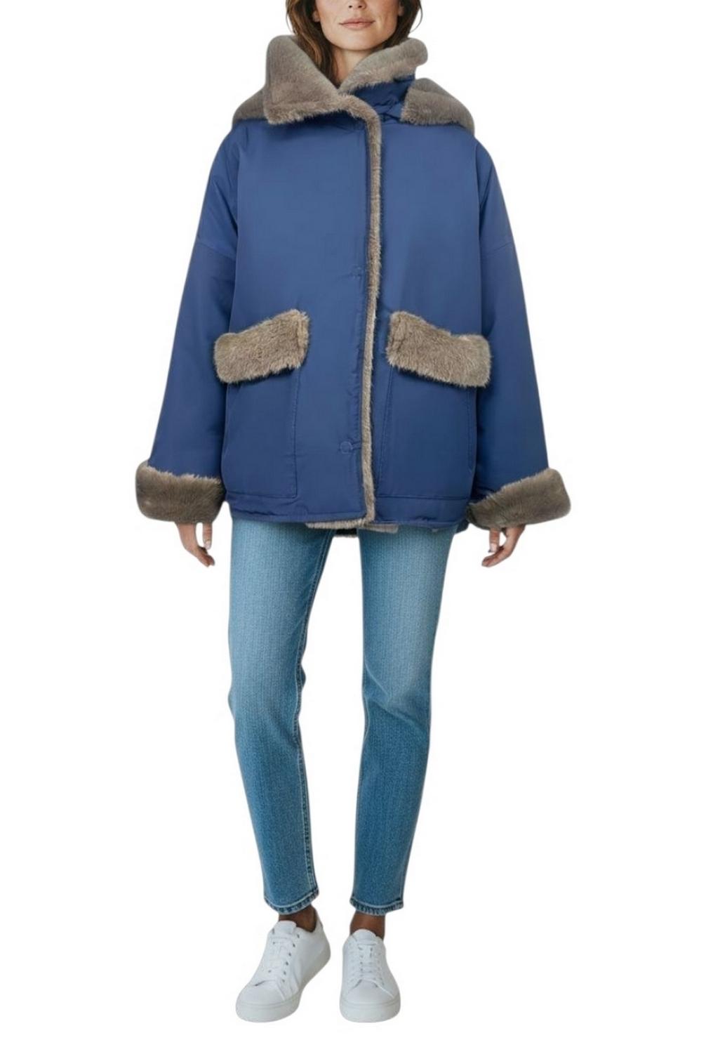 giaccone donna blu in nylon con interno in eco-pelliccia reversibile