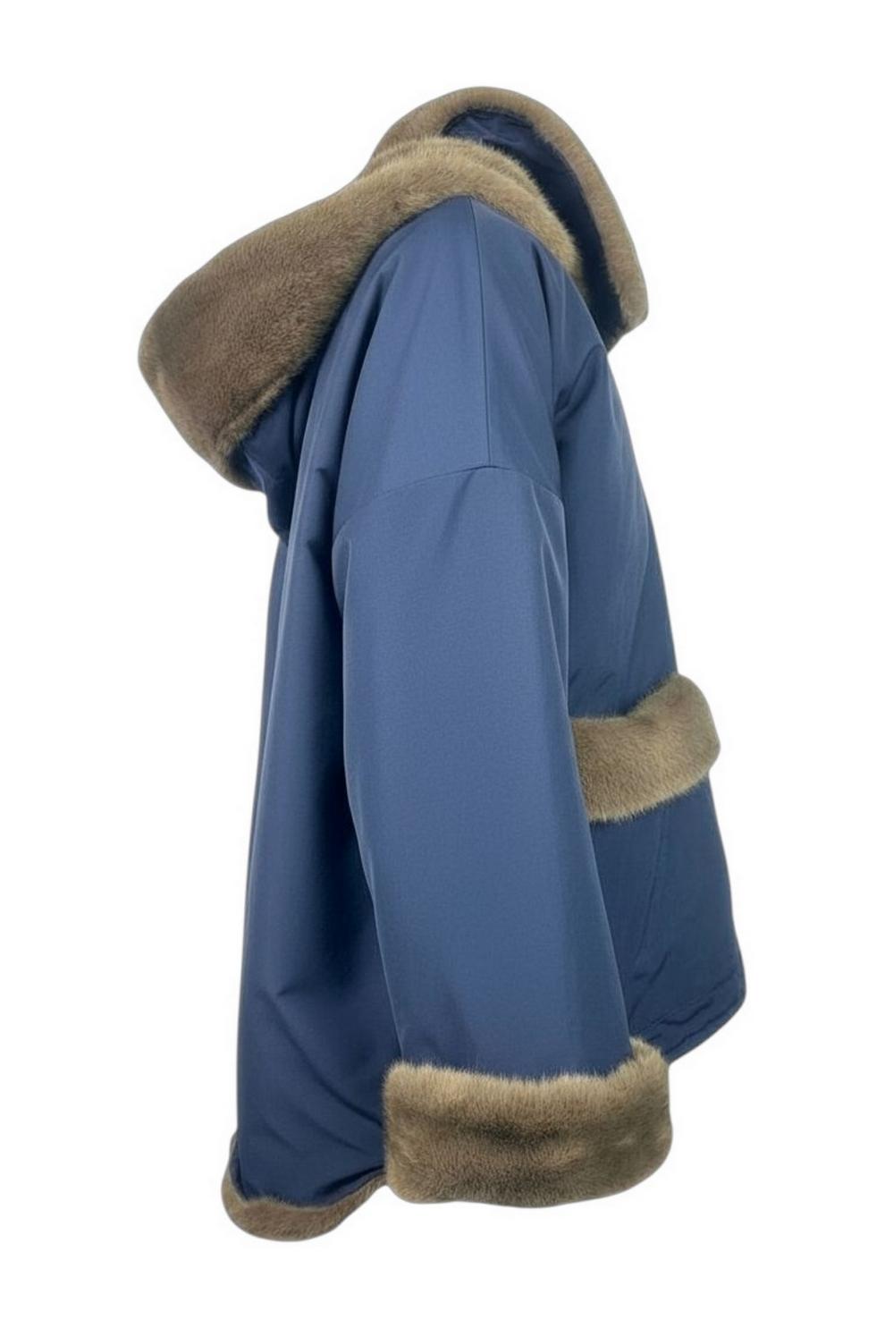 giaccone donna blu in nylon con interno in eco-pelliccia reversibile
