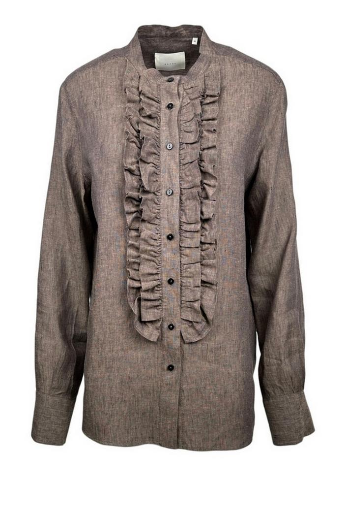 camicia donna in lino con ruches marrone