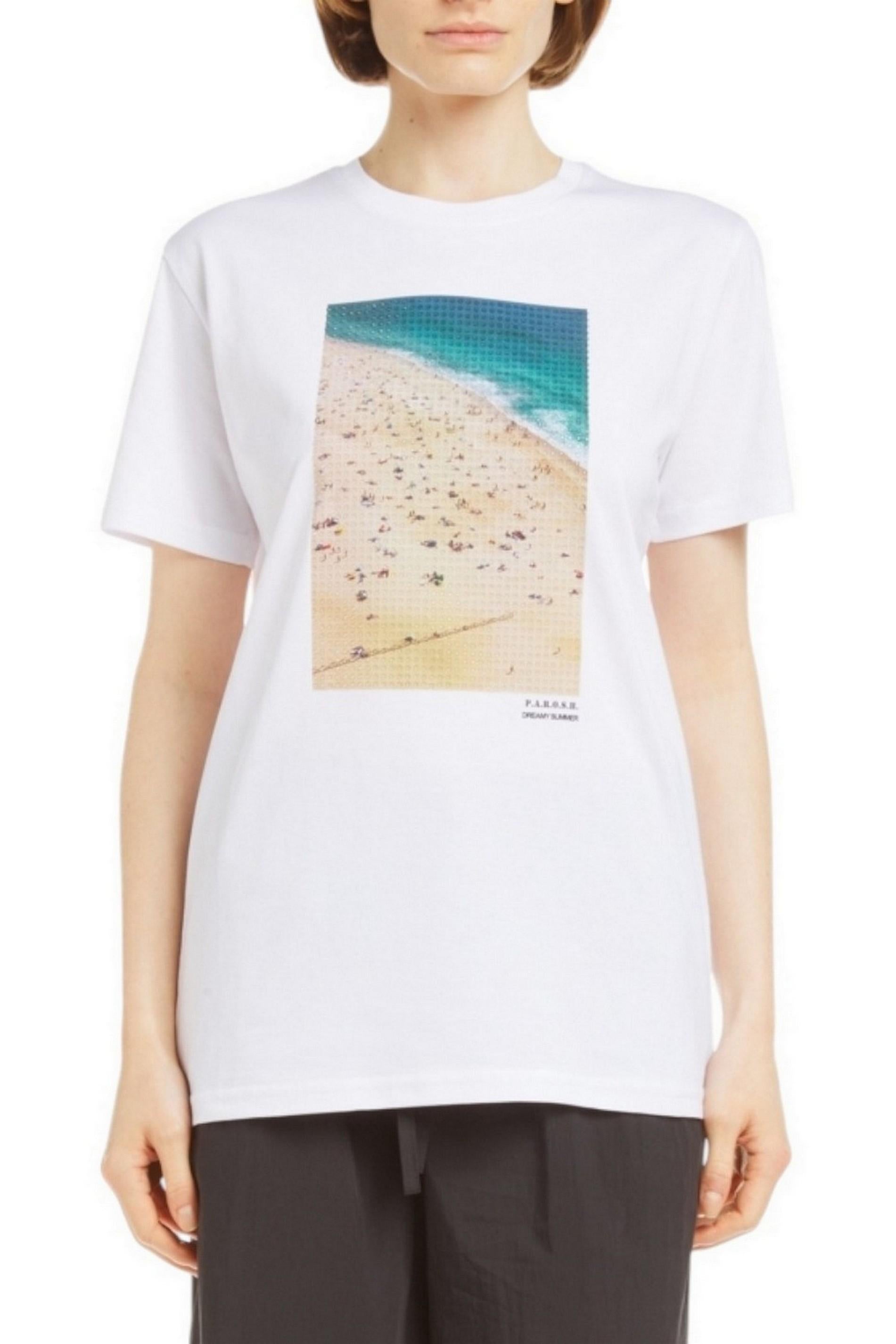 t-shirt donna bianco con stampa spiaggia