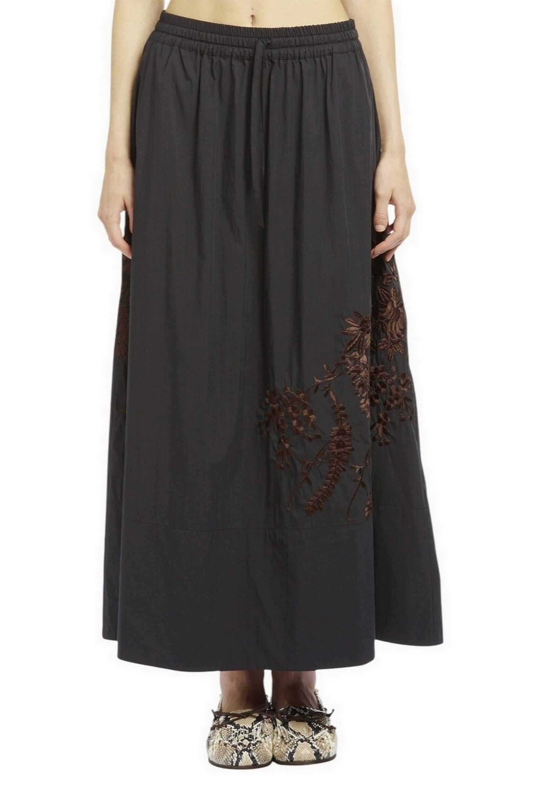 gonna donna in nylon ricamato nero e marrone