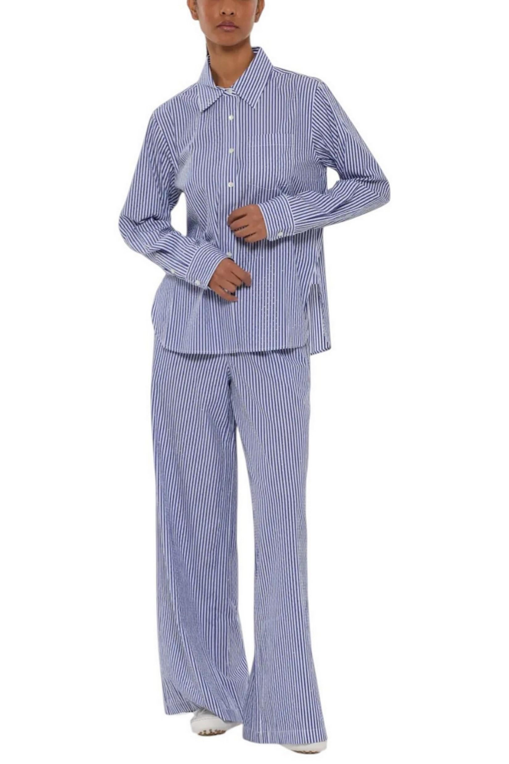 pantalone donna righe e strass bianco e azzurro