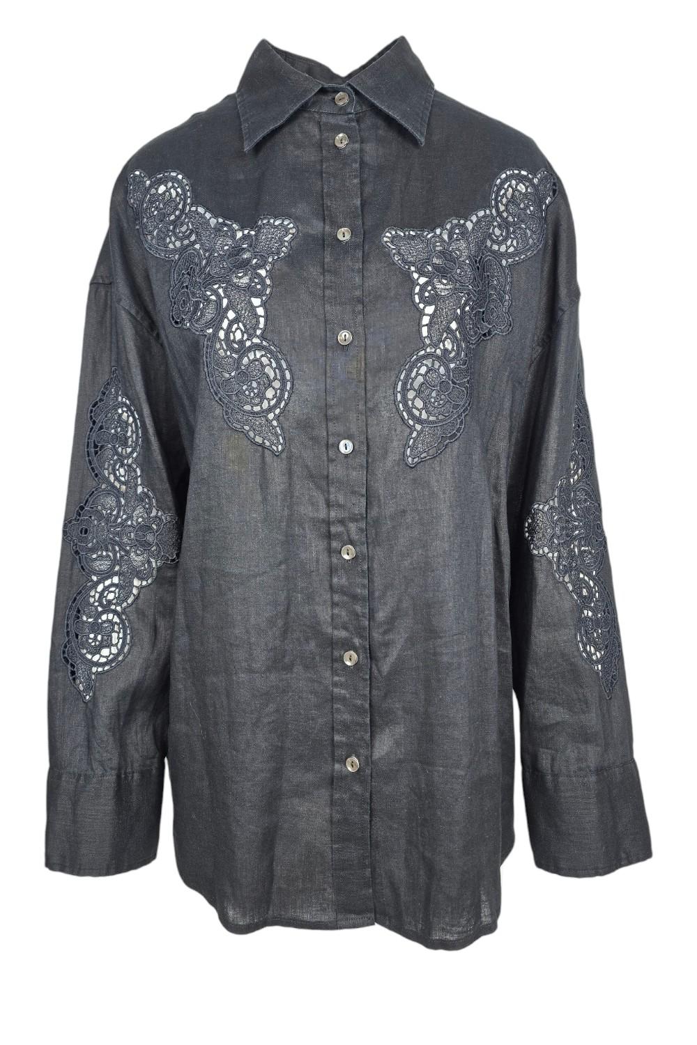 camicia donna in lino ricamato nero