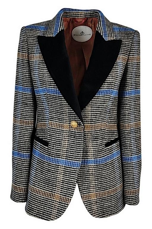 Giacca donna fantasia galles con rever in velluto nero bianco e blu