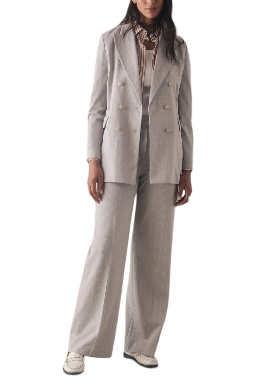 pantalone gessato in lino e cotone azzurro e avorio