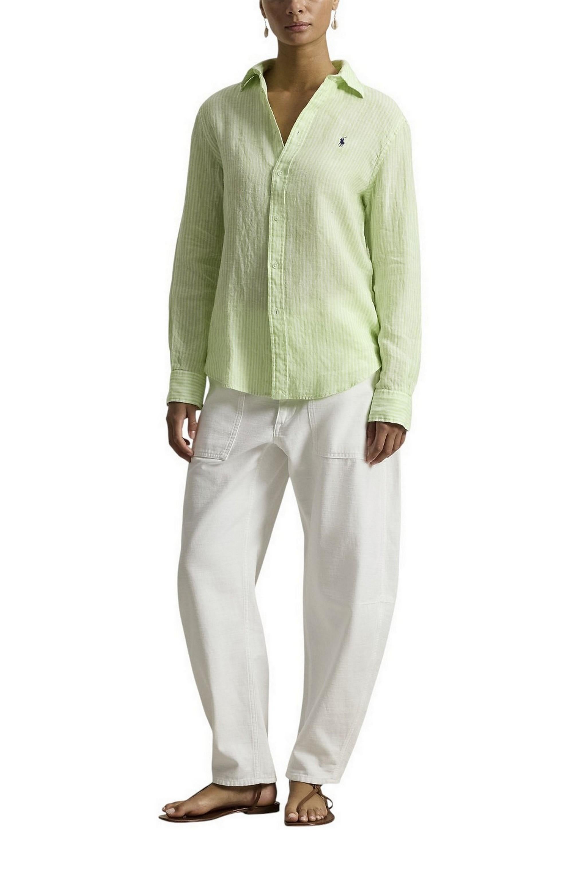 camicia donna in lino over a righe lime e bianco