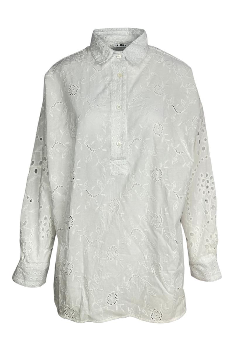 camicia donna over in sangallo patchwork bianco