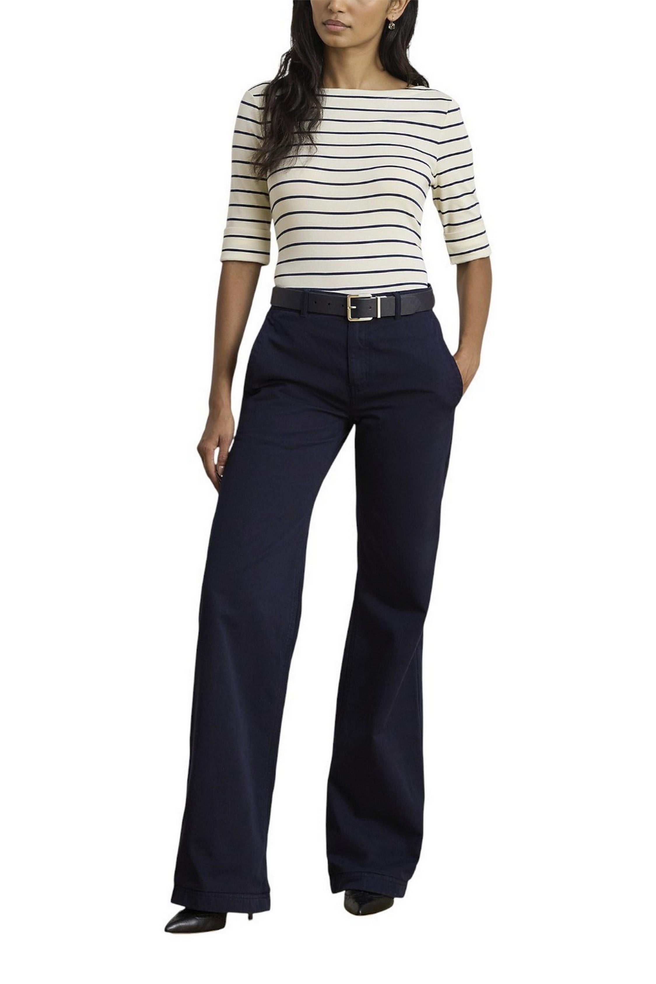 t-shirt donna con manica al gomito a righe avorio e blu