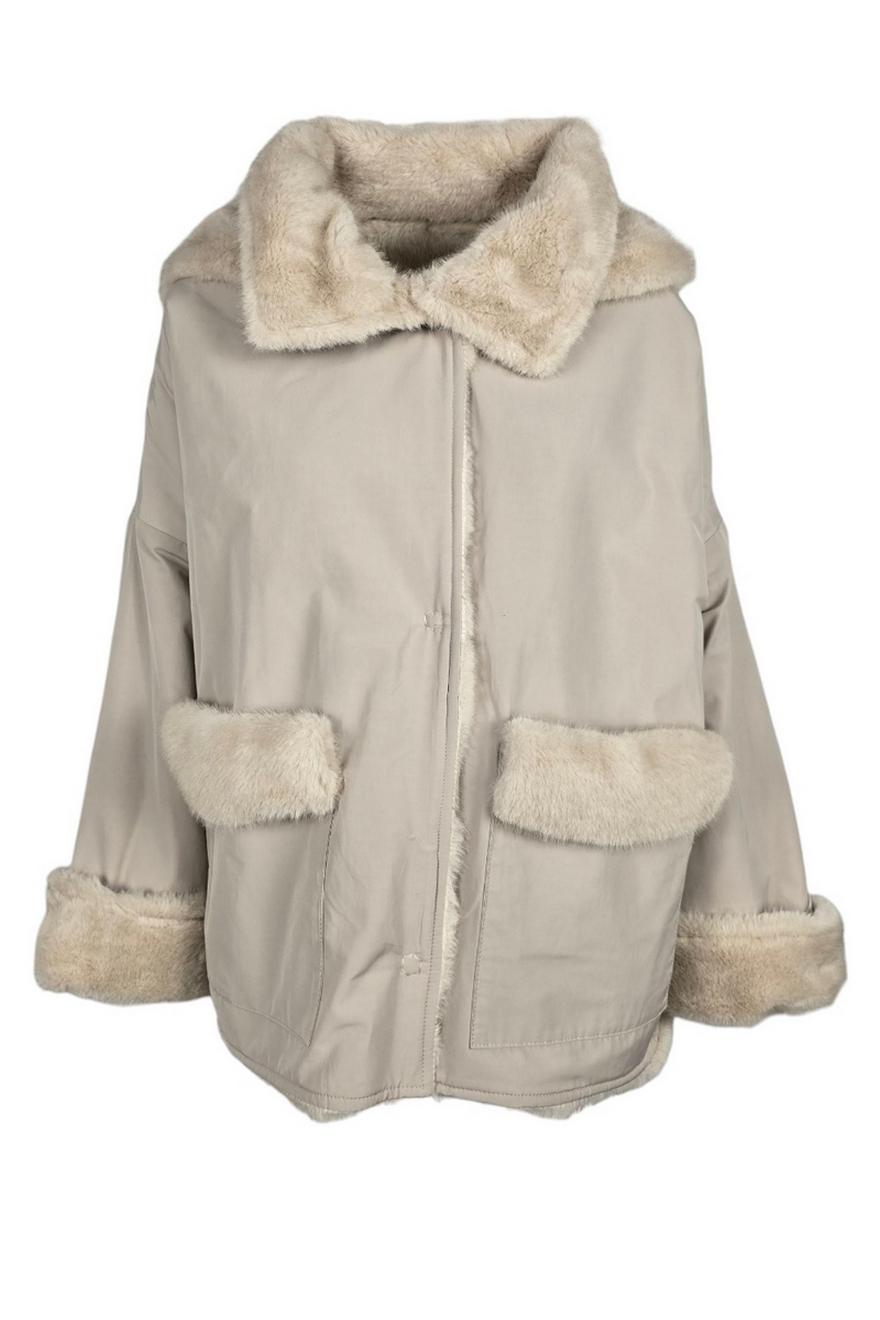 giaccone donna in nylon con interno in eco-pelliccia reversibile sabbia