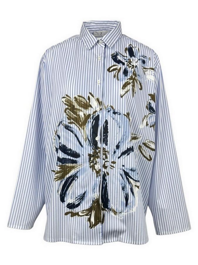 camicia donna over a righe dipinta bianca e azzurra