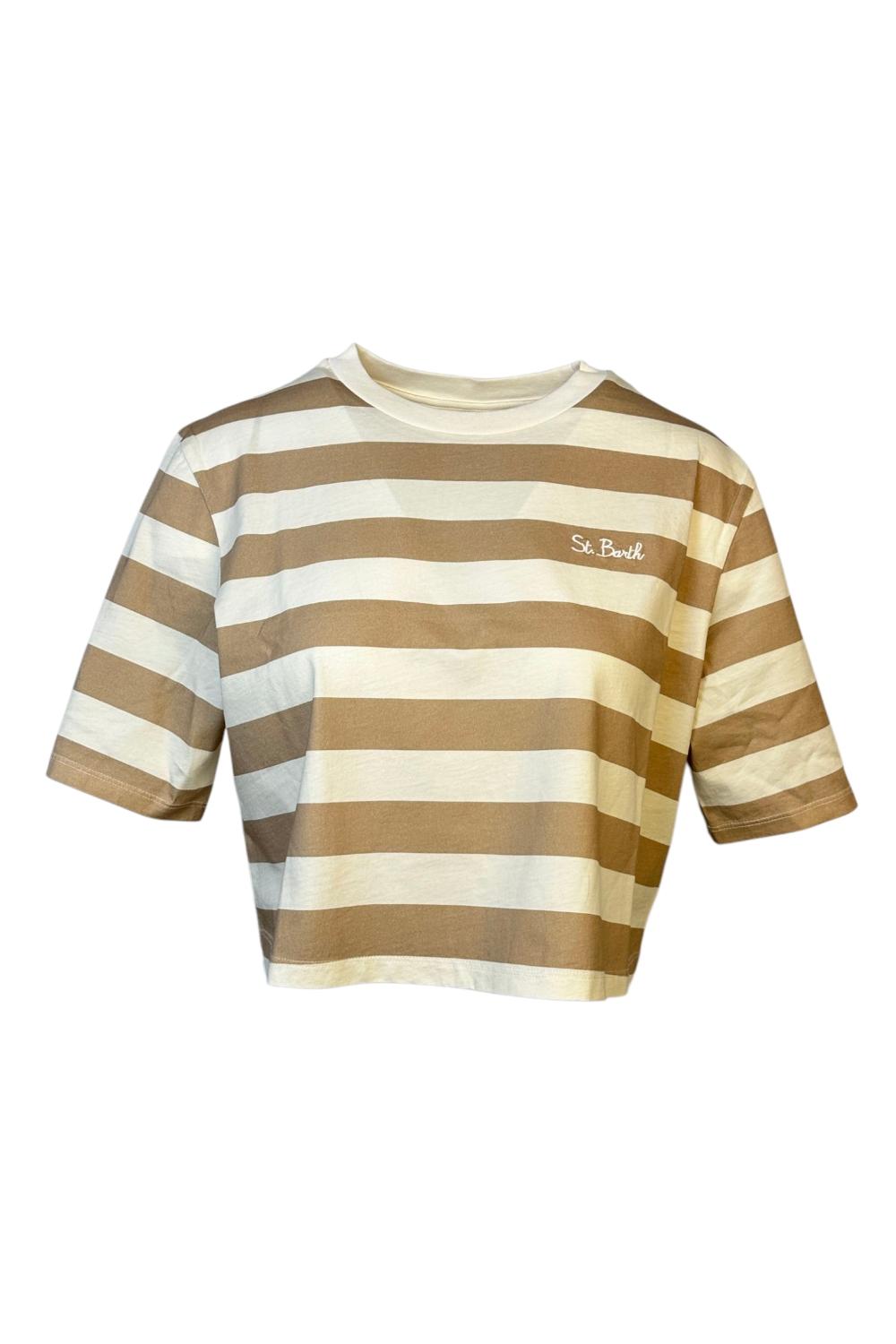 t-shirt donna rigata cropped beige e bianco