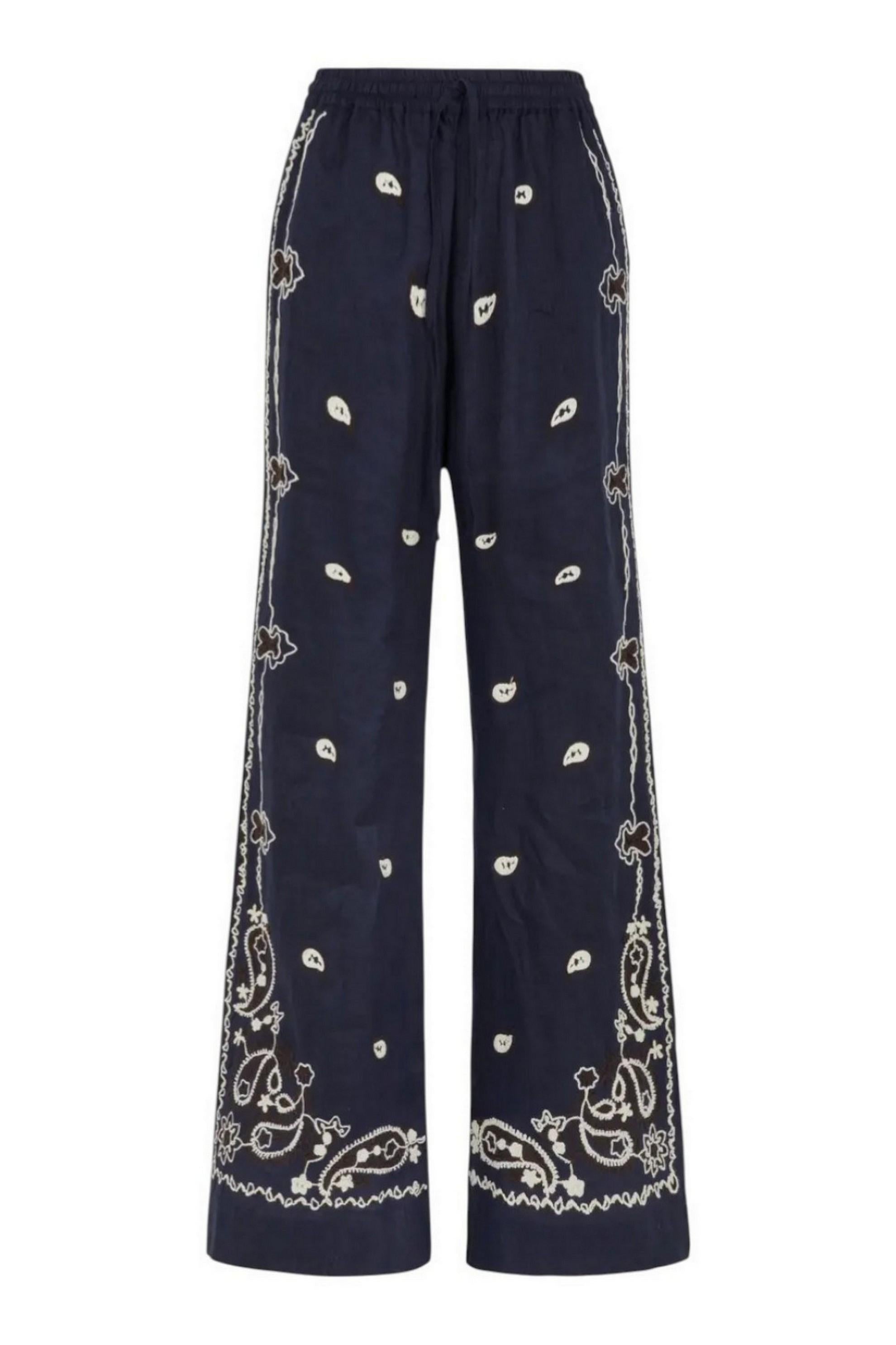 pantalone donna in lino ricamato blu marrone e bianco