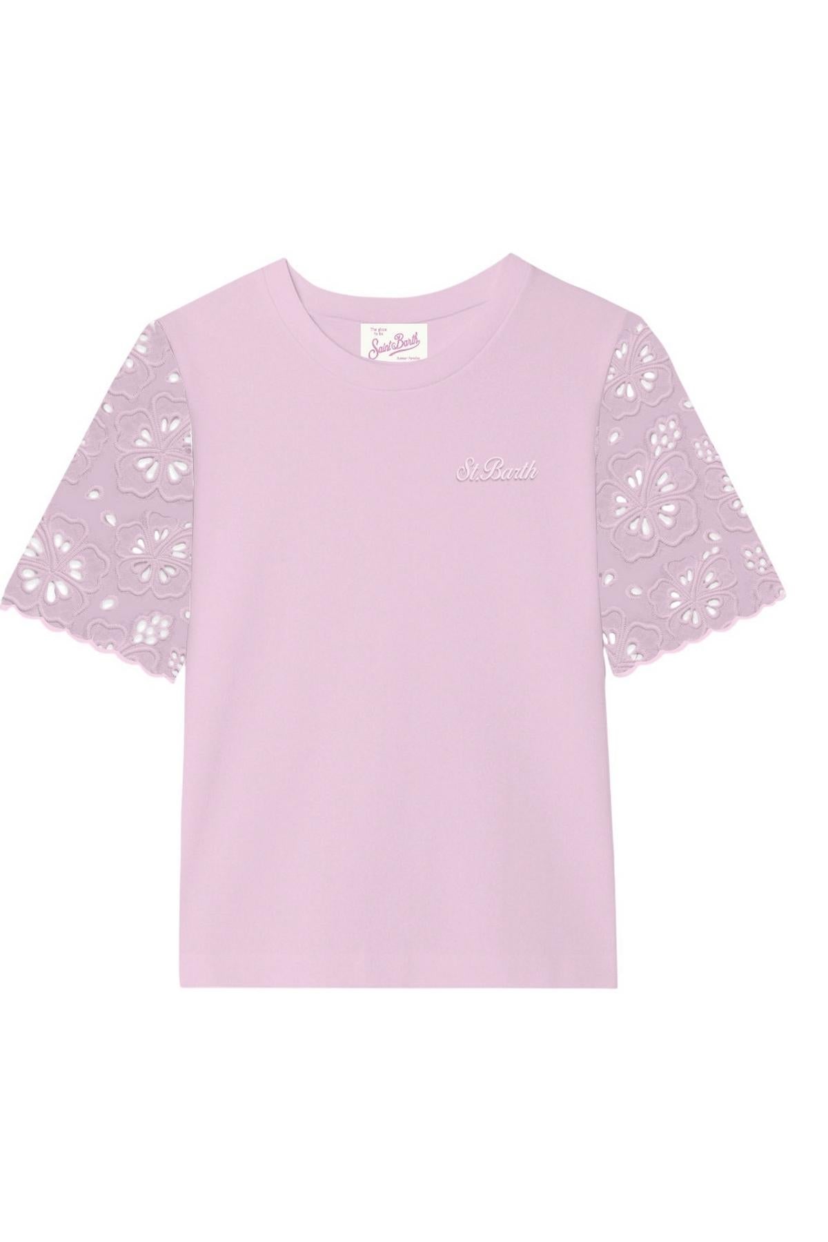 t-shirt donna con maniche in sangallo rosa