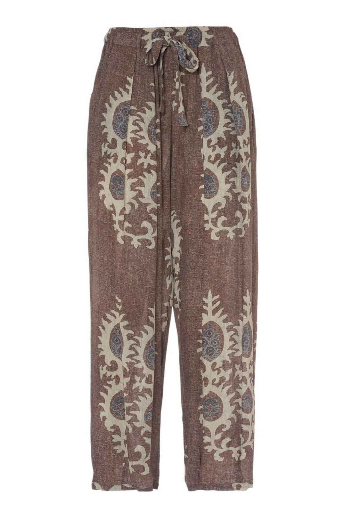 pantaloni donna fantasia etnica marrone e beige