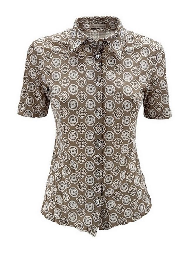 Polo donna in jersey fantasia giglio beige e bianco