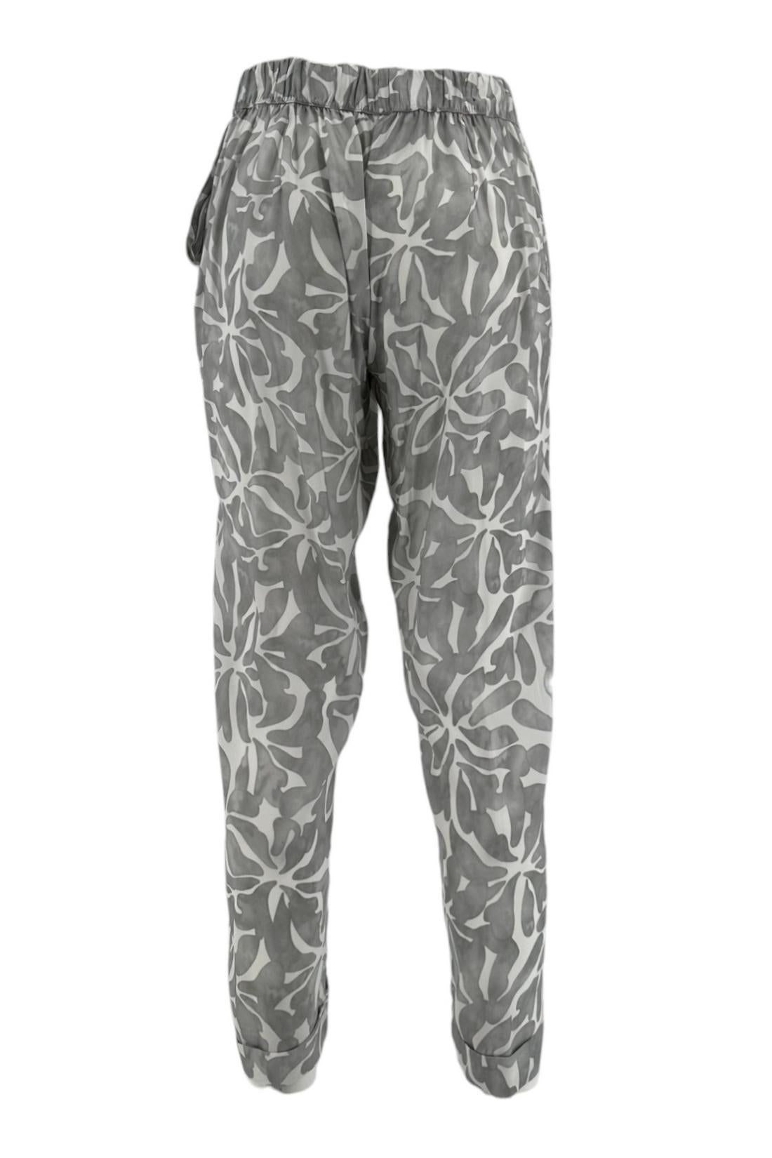 pantalone donna in viscosa fantasia foglie grigio e bianco