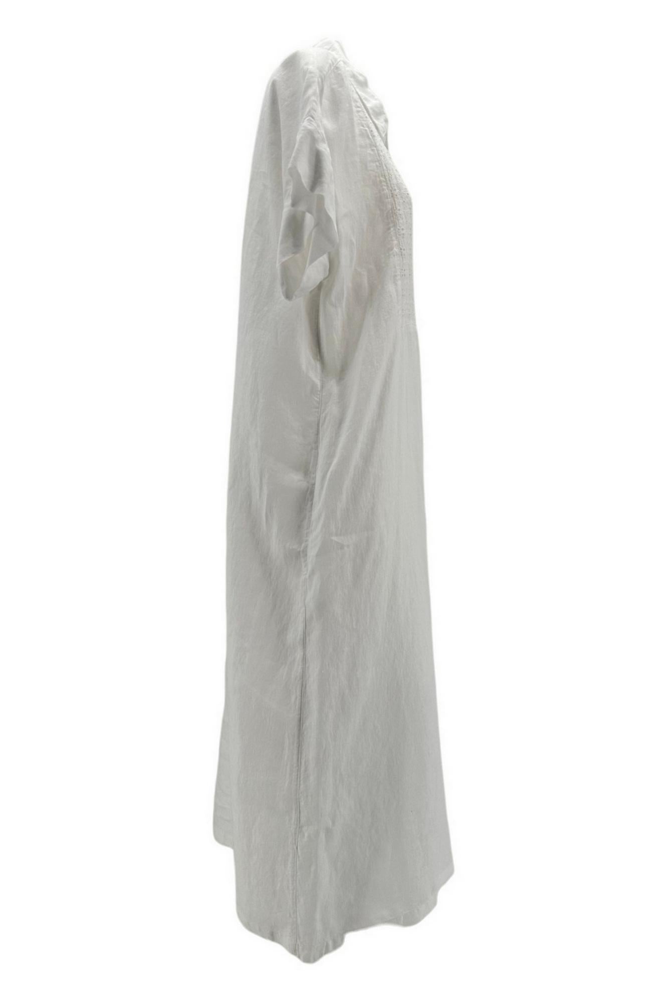 abito donna in lino bianco con plastron in sangallo