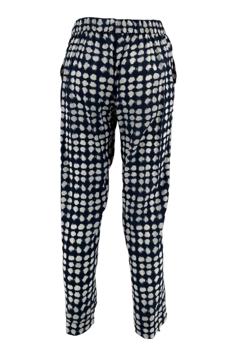 pantalone donna in viscosa fantasia foglie blu e bianco