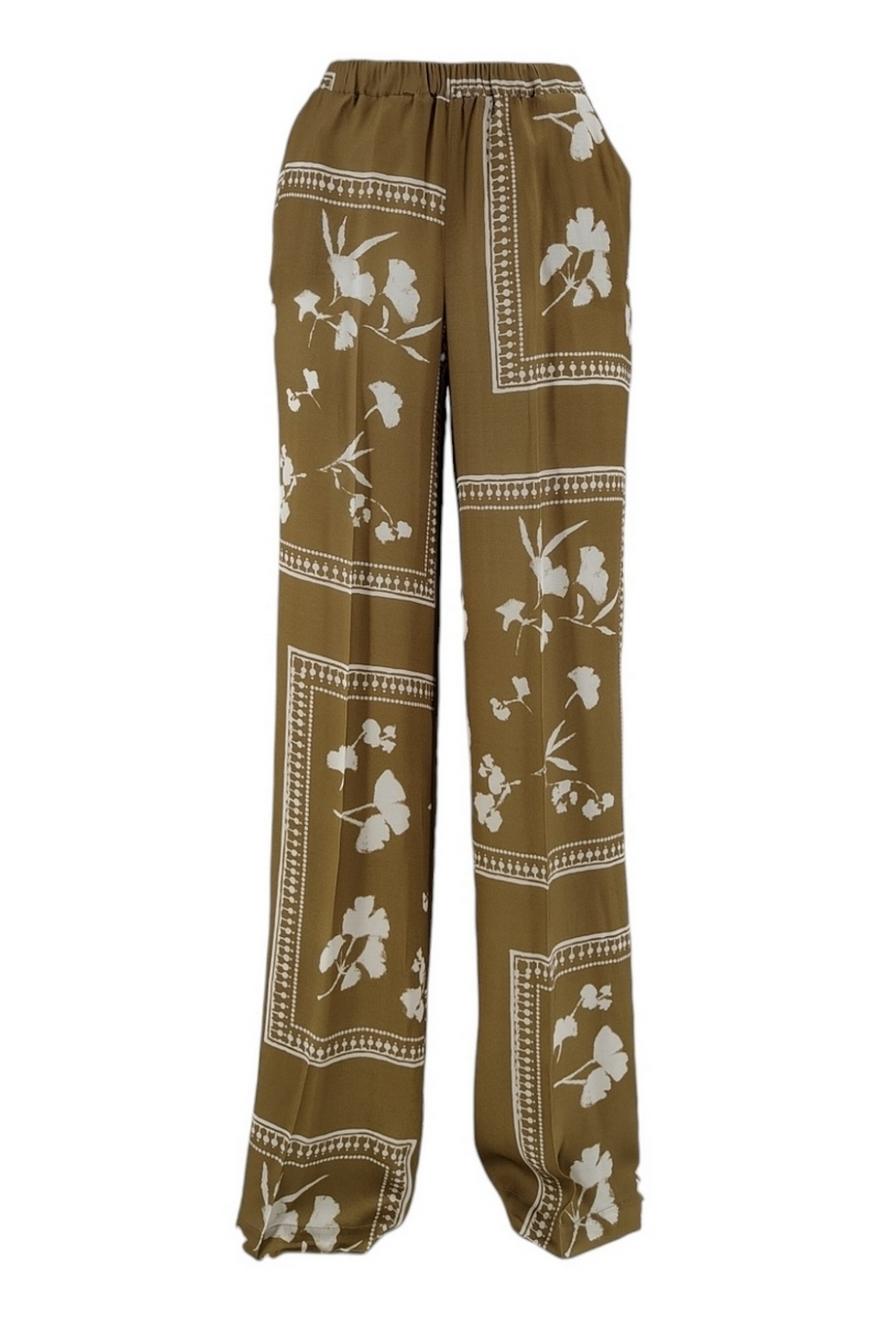 pantalone donna largo fantasia fiori cammello e avorio